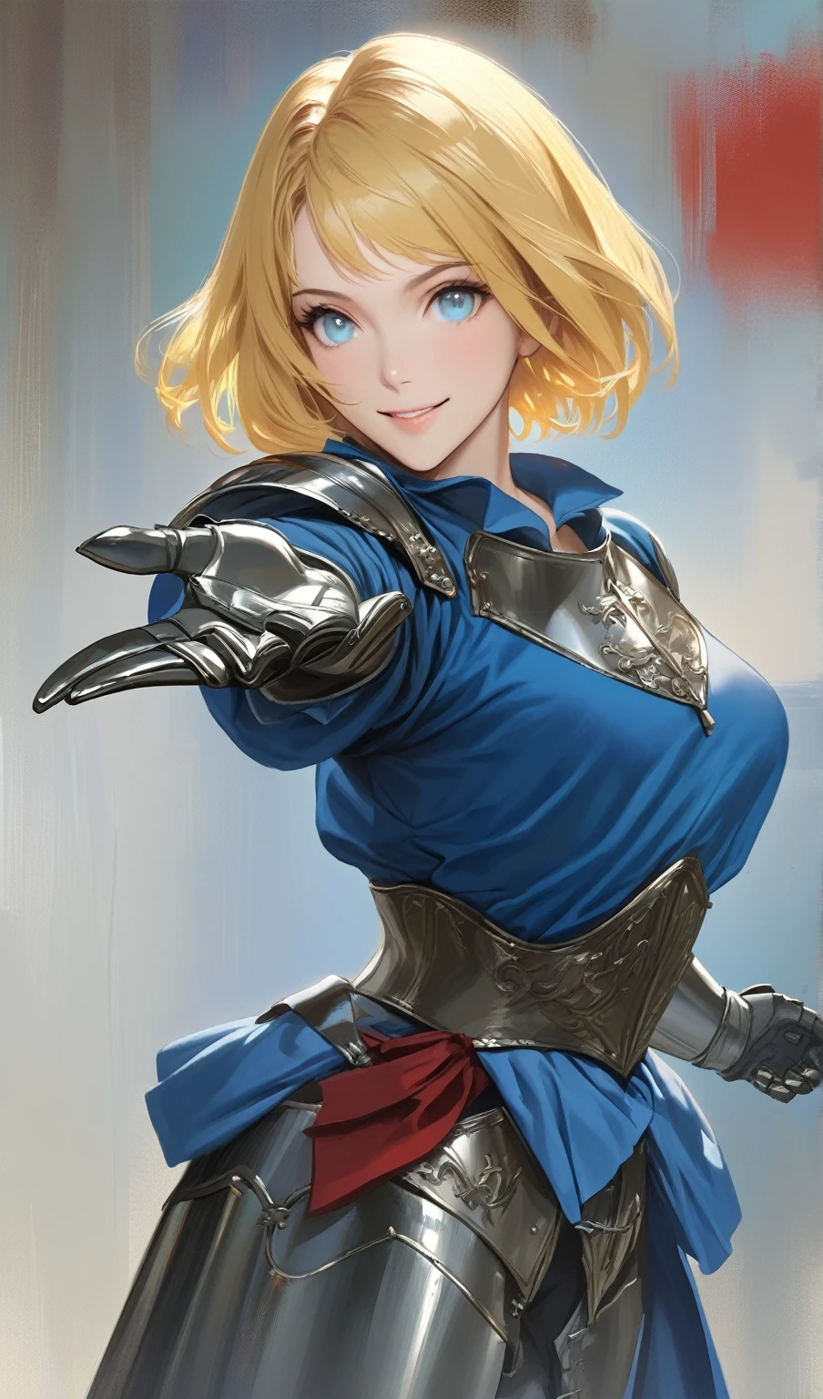 (woman), masterpiece, best quality, yellow hair, ((short hair)), blue medieval shirt, medieval armor pants, light blue eyes, realistic anime style, smiling, ((portrait)), metal gloves, smiling, extending your hand, ((ufotable style)).