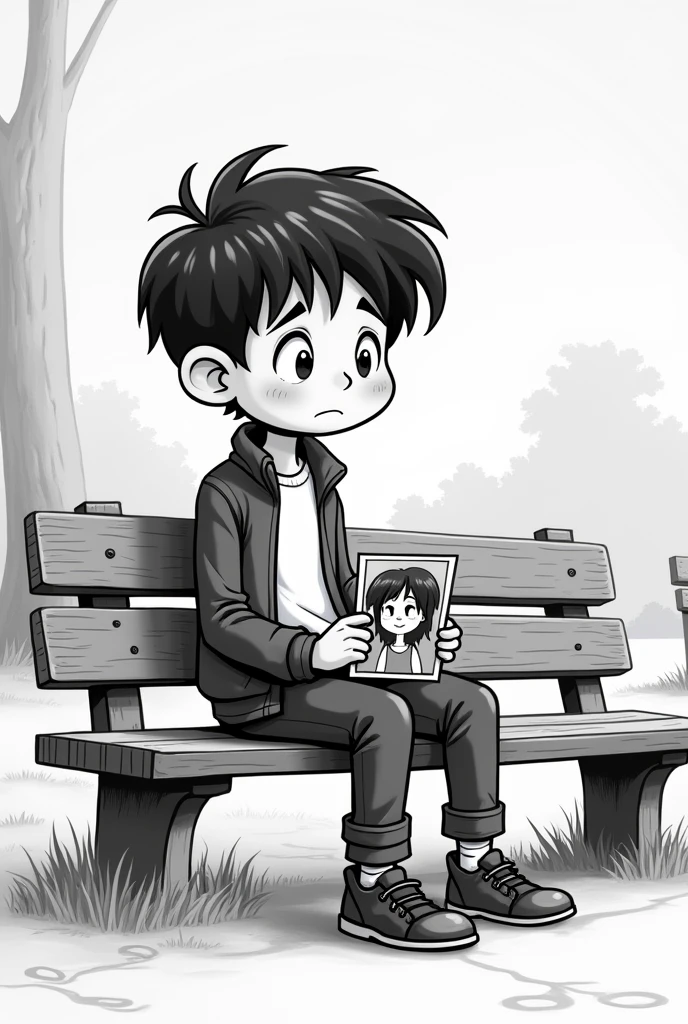 The boy is a cartoon. black and white.The boy has a breakup.The color of the boy is white and black.The color of the boy is white and black. And a picture of a girl in the boy's hand.The boy is sitting.
