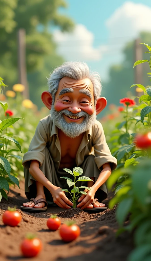 Uncle Tu is an elderly man, Lean with gray hair and tanned skin. He usually wears simple clothes like old shirts, Long pants and flip-flops. He has a gentle face, often smile beard. Sitting in the garden planting each small tomato plant in the ground 3d animation
