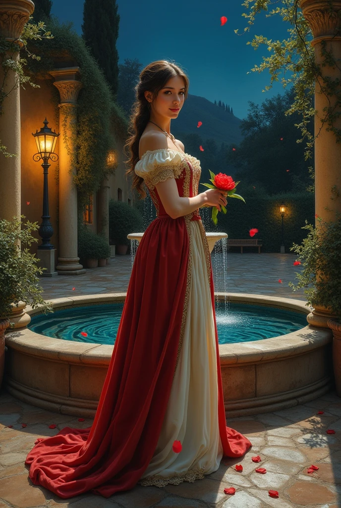 A stunning oil painting of a woman in Renaissance attire, standing in front of a grand fountain in a tranquil courtyard during dark night. She is holding a flower and smiling, with the soft light from nearby lanterns casting warm shadows on her face and her curvy body, emphasizing her hourglass body and attractiveness.