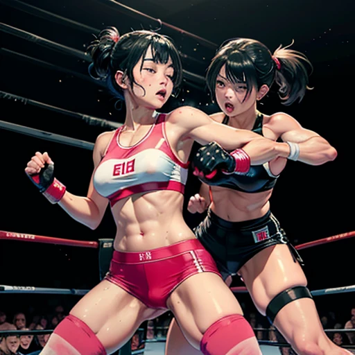 two bloody beautiful Japanese female heavyweight fighters are fighting by extreme bareknuckle boxing in the octagon fighting ring of underground arena with audience. A fierce exchange of dynamic punches. they are beating each other so hard. survival battle. whole body picture. they are covered in scars and bruises. they are damaged terribry. Short-cut black hair, out of breath, drooling from mouth, one eye is closed, exhausted, drenched in sweat. Erect nipples. open finger glove. Ragged white and pink lined sports bra, high leg panty, Stockings. armwarmers. small breasts, armwarmers. Whittled waistline, muscular, six-pack abs, very thick arms and thighs, super huge tits.