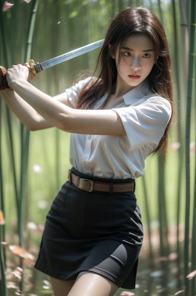 In the middle of green bamboo forest:1.4, looking at viewer, holding sword:1.4, blade to side,strike pose:1.4,blade down,blade right hand:1.4,(masterpiece, best quality, high quality, highres, ultra-detailed),thai university uniform, white short-sleeve button up shirt:1.2, black tight torn mini skirt:1.2, brown suede belt, silver shirt buttons, silver plate canvas modern belt buckle, upper body shot, black straight messy long hair, motion blur, slim and perfect figure, perfect body proportions, cinematic lighting, dynamic pose, 1girl, solo, cut the bamboo:1.4, slender, green bamboo leaves blow on fore ground:1.4