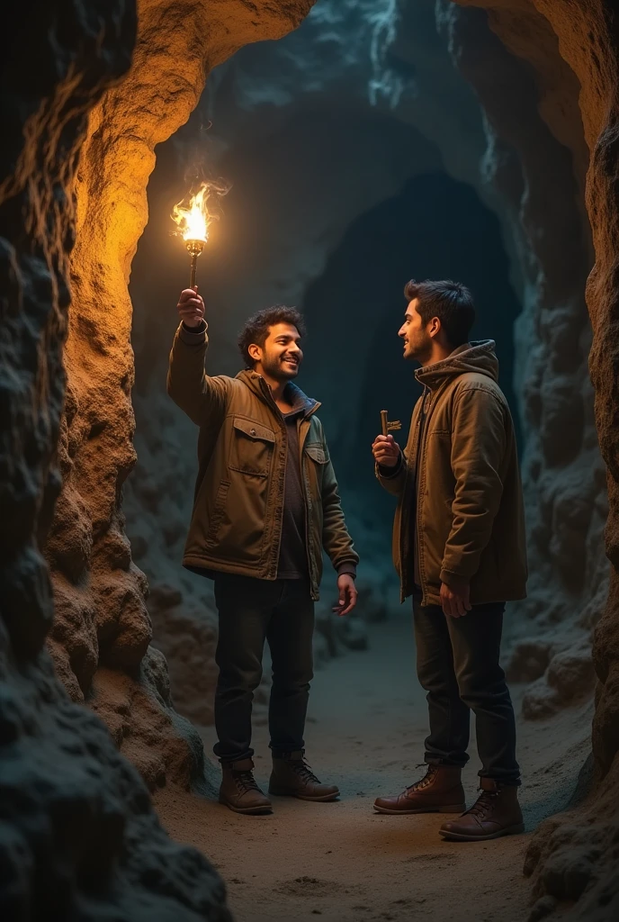 [Scene 5: The Big Reveal - The Hidden Key]
Prompt: Ahmed holding up an ancient, rusted key with a playful smile on his face. Farhan, initially terrified, now looks relieved but also annoyed as he realizes the whole adventure was a prank. The atmosphere lightens, with the eerie mood giving way to a sense of humor and friendship.