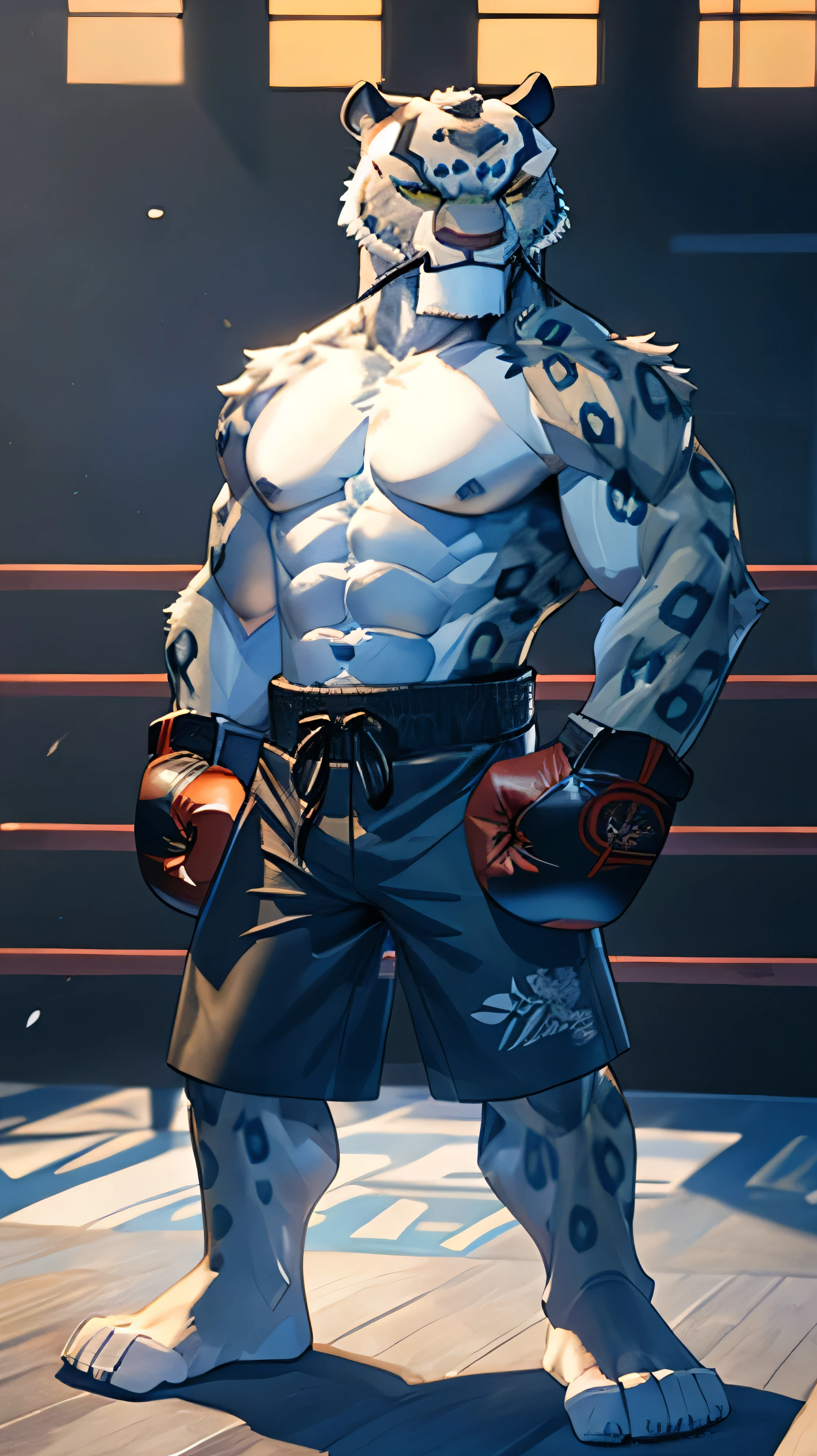 Kung Fu Panda cartoon, furry snow leopard Tai Lung, tall, slender, handsome, perfect detailed eyes, perfect detailed pupils, perfect detailed face, extremely beautiful face, muscular body, six pack abs, gentle look, shirtless, boxing gear, blue shorts, bare feet, boxing gloves, standing in the boxing ring, fighting stance