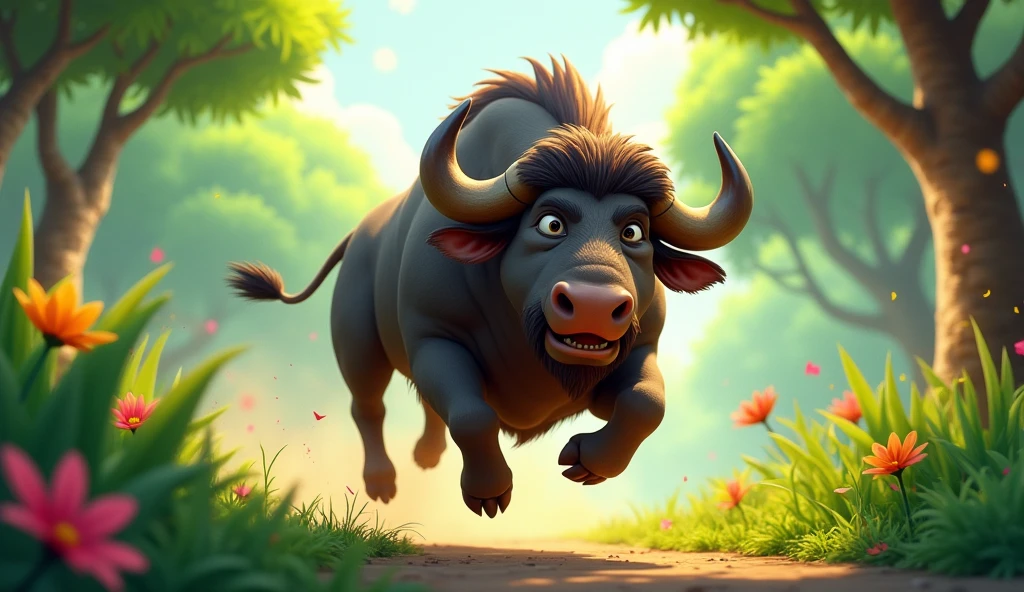 Buffalo running aggressively in jungle 3D cartoon