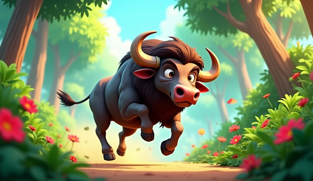 Buffalo running aggressively in jungle 3D cartoon