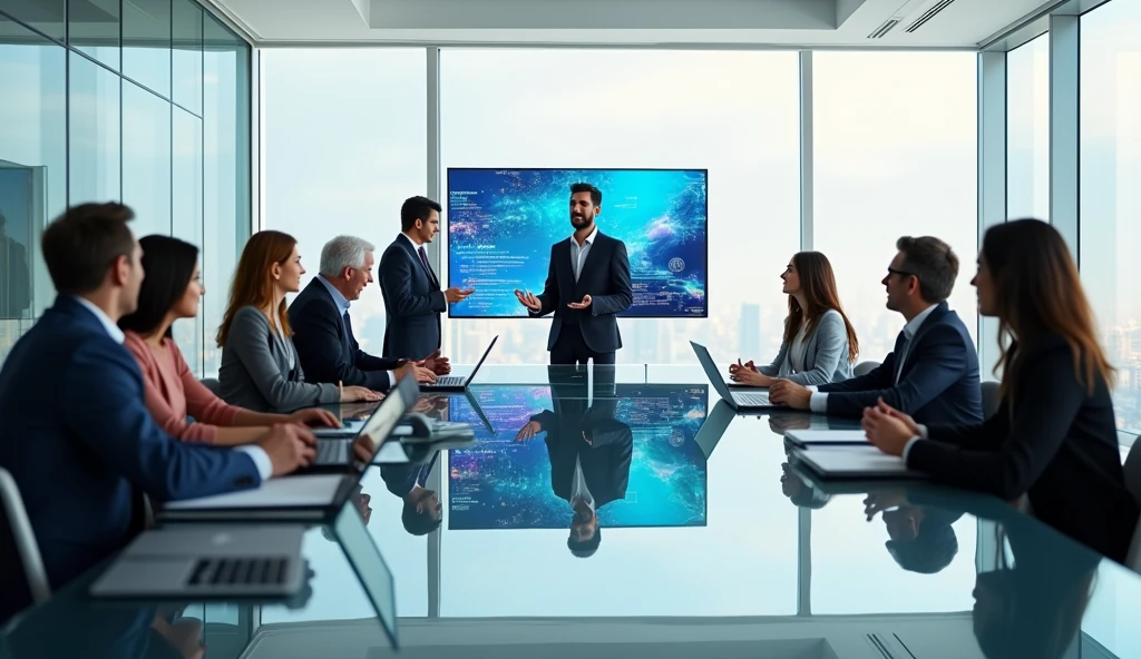 A photorealistic image of a strategic session in a modern European IT company. 10 participants. The scene is set in a sleek, contemporary conference room with large windows, letting in natural light. The room has a minimalistic design with clean lines, white walls, and a glass table in the center. There are ten participants around the table, engaged in discussion. They are a diverse group, with a mix of genders and ages, all dressed in modern business casual attire. Laptops, tablets, and notepads are on the table, and a large screen at one end of the room displays charts and data relevant to their strategy session. The atmosphere is focused and collaborative, with some participants speaking while others listen or take notes.