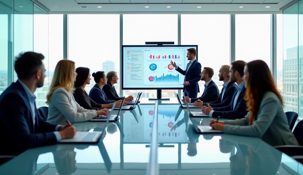 A photorealistic image of a strategic session in a modern European IT company. 10 participants. The scene is set in a sleek, contemporary conference room with large windows, letting in natural light. The room has a minimalistic design with clean lines, white walls, and a glass table in the center. There are ten participants around the table, engaged in discussion. They are a diverse group, with a mix of genders and ages, all dressed in modern business casual attire. Laptops, tablets, and notepads are on the table, and a large screen at one end of the room displays charts and data relevant to their strategy session. The atmosphere is focused and collaborative, with some participants speaking while others listen or take notes.