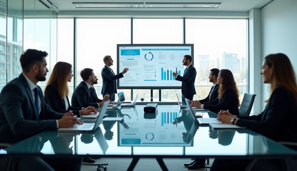 A photorealistic image of a strategic session in a modern European IT company. 10 participants. The scene is set in a sleek, contemporary conference room with large windows, letting in natural light. The room has a minimalistic design with clean lines, white walls, and a glass table in the center. There are ten participants around the table, engaged in discussion. They are a diverse group, with a mix of genders and ages, all dressed in modern business casual attire. Laptops, tablets, and notepads are on the table, and a large screen at one end of the room displays charts and data relevant to their strategy session. The atmosphere is focused and collaborative, with some participants speaking while others listen or take notes.
