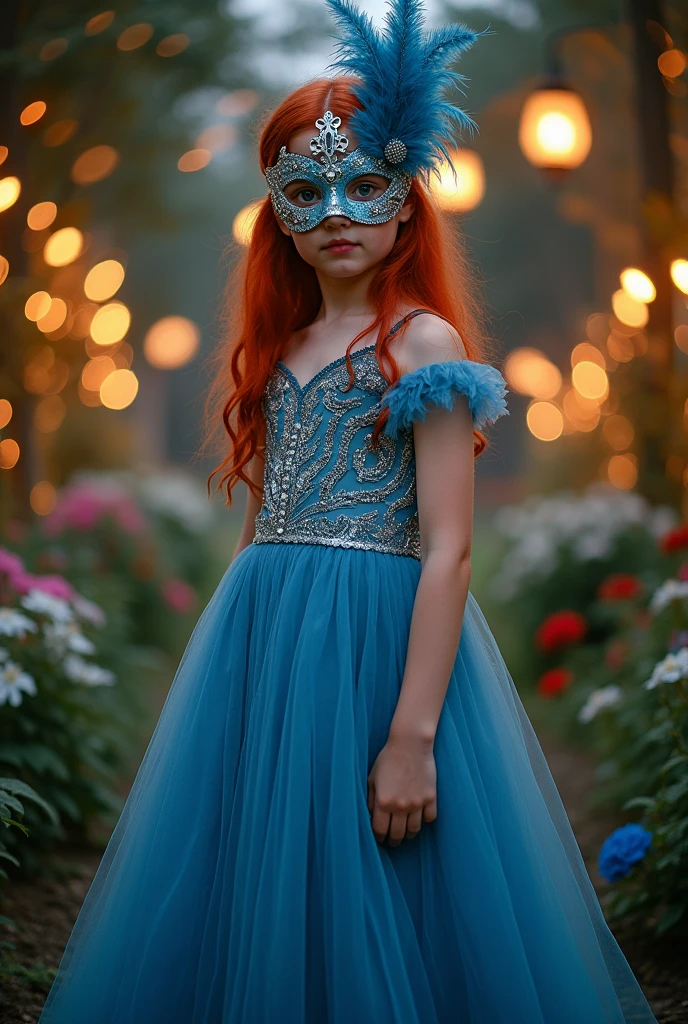 Red-haired girl in long blue dress and mask ,fully body 