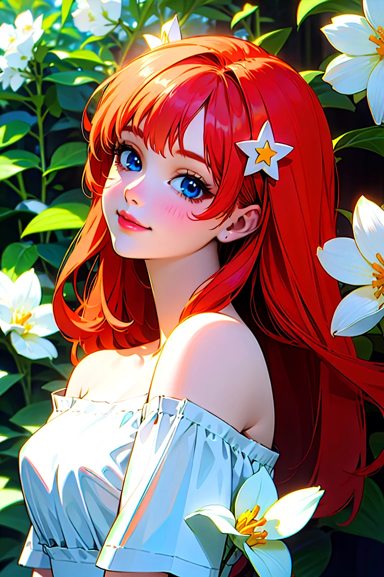 Best quality, masterpiece, ultra high res, (photorealistic:1.4), raw photo, 1girl, white dress, off shoulder, blossom flower field, glowing skin, light smile, itsuki nakano, red hair, shoulder length orange hair, blue eyes, star hairclips