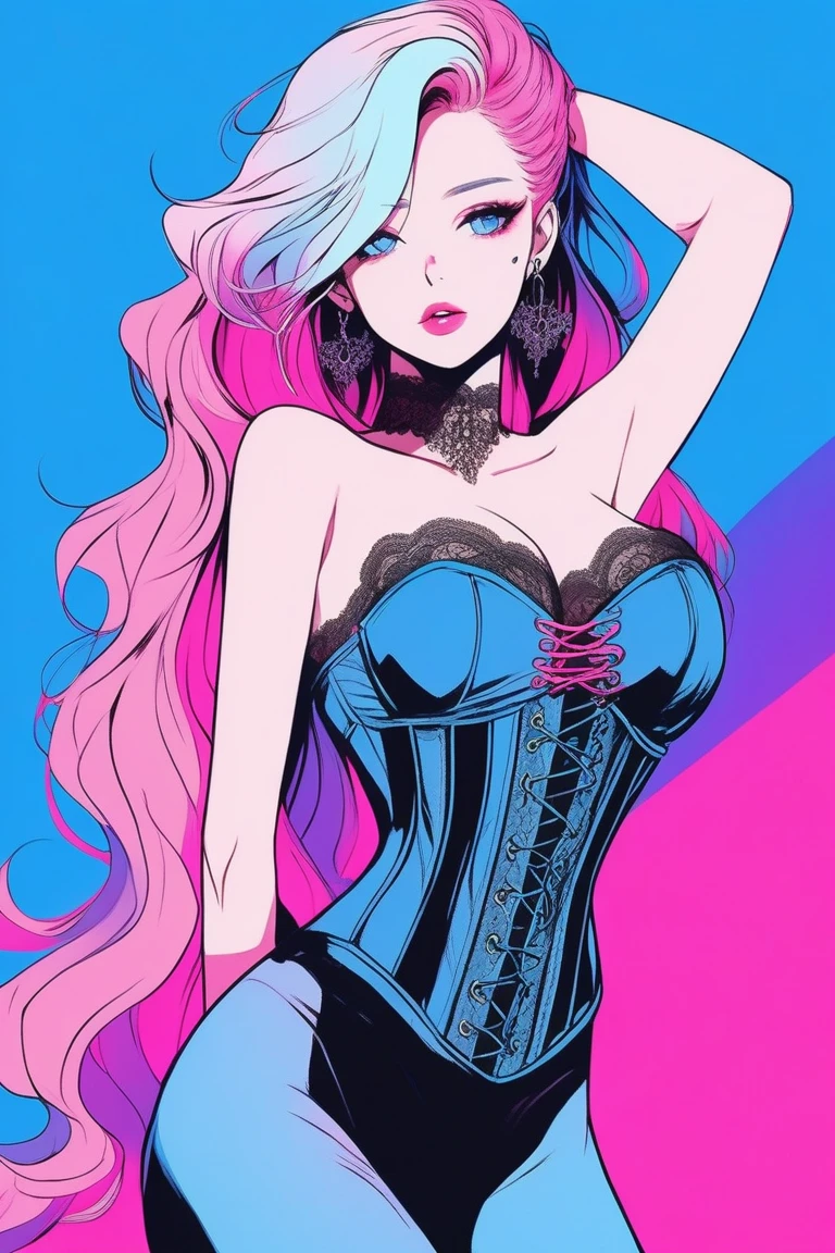 Illustrator, anime , Realistic ,sketch , 1 person, model, Portraiture, lip, She is wearing a black lingerie that looks like a corset, with a strapless design and lots of lace., Wearing a lace panty, order, Blue and pink gradient background, Medium length hair in neon colors, Big Breasts, Sexy look, Sexy pose, Texture Trim, Russia, (masterpiece,Highest quality)