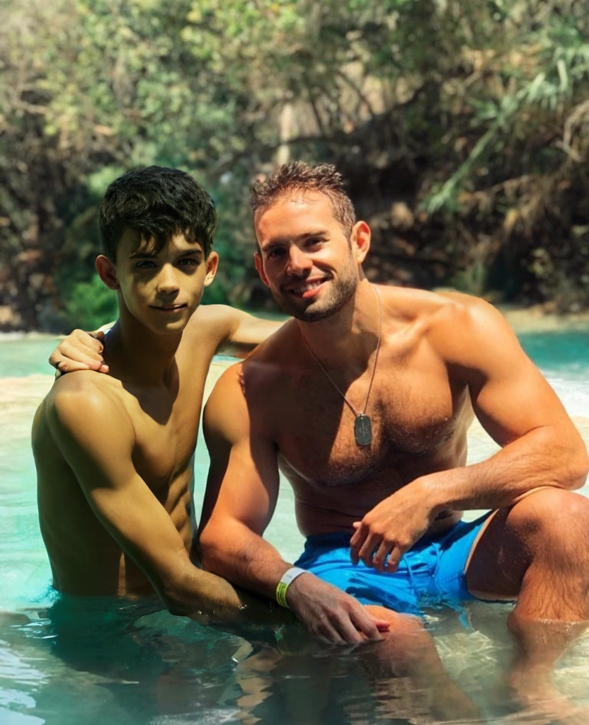 Add very skinny and shirtless gay , hugged, Full body shot