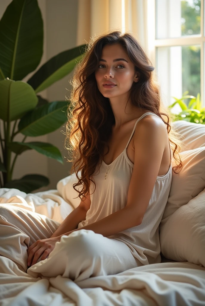 (photorealism:1.2), beautiful woman, sitting on bed, wearing loose top, pajama pants, long curly hair, indoors, soft lighting, plants in background, window with sunlight, cozy room, relaxed pose, realistic, intricate details, warm colors,