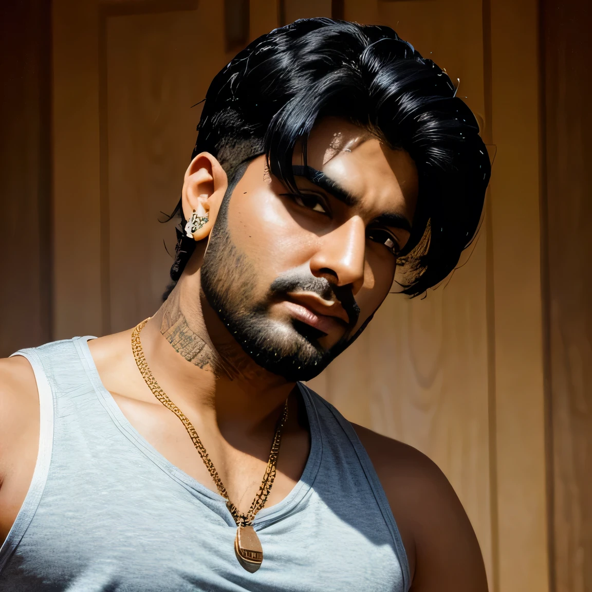 Make a punjabi boy , age 35 , rapper type appearance, in cool style , cool pose , looking at sideways , fancy hair , tank top .