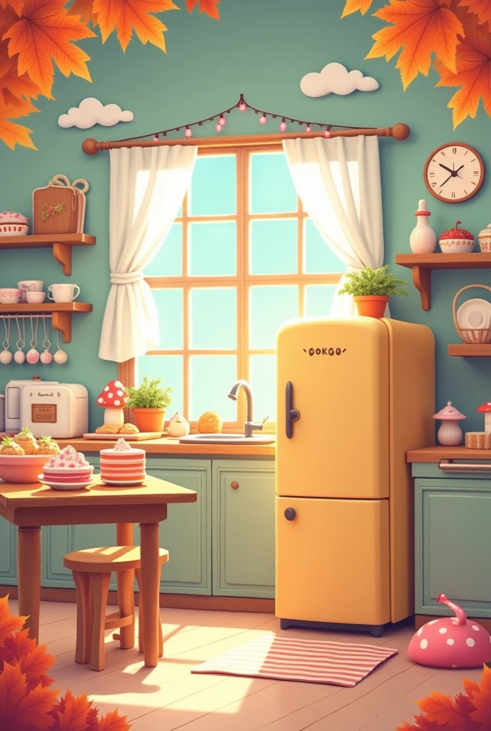 there is a cartoon kitchen with a refrigerator and a table, designed for cozy aesthetics!, cozy home background, cute kitchen, 🍁 cute, cottagecore!!, cozy place, cozy cafe background, cute bakery shop, my home, kitchen, cozy environment, in a candy land style house, kitchen background, ❤🔥🍄🌪, 🍂 cute, cute art style