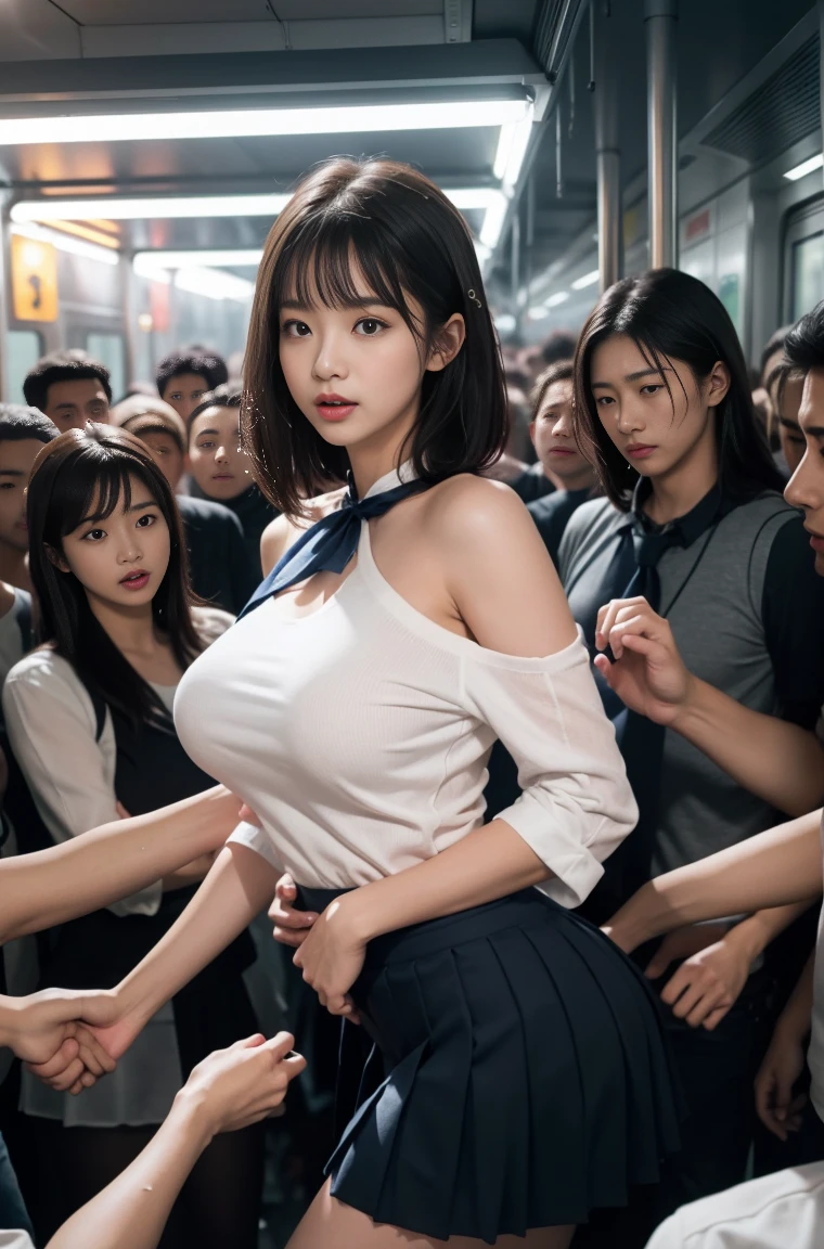 (molestation:1.8) japanese woman, very big breasts, oversized breasts, (white halfsleeve shirt,darkblue neckribbon,pleated short skirt, darkbrown shoulder length hair,bangs,ear:1.2),Chest grab, in the train, grab your butt, Multiple men around her grab her breasts, Chest grab, multiple hands, masterpiece, highest quality, very detailed, molestation, crowd of men, crowd surfing, very realistic face, very realistic eyes, crowd of men around her, the person who grabs her body, I squeezed my chest, molestation, masterpiece, highest quality, very detailed, 1 girl, multiple hands, Grab your ass with the crazy crowd, Chest grab, the men around her, squeezed body, Many people grab their chests, Be beaten, pulling on clothes, very wet and sweaty, grab clothes, (There are no women in the crowd:1.5), man with necktie