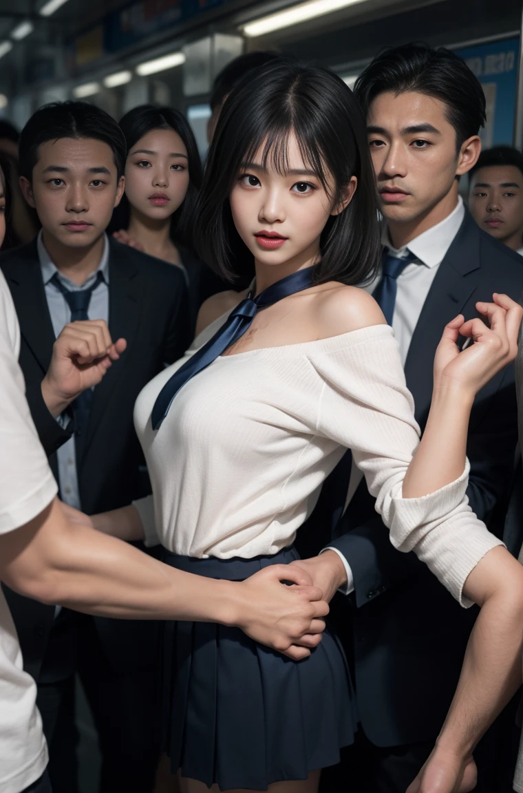 (molestation:1.8) japanese woman, very big breasts, oversized breasts, (white halfsleeve shirt,darkblue neckribbon,pleated short skirt, darkbrown shoulder length hair,bangs,ear:1.2),Chest grab, in the train, grab your butt, Multiple men around her grab her breasts, Chest grab, multiple hands, masterpiece, highest quality, very detailed, molestation, crowd of men, crowd surfing, very realistic face, very realistic eyes, crowd of men around her, the person who grabs her body, I squeezed my chest, molestation, masterpiece, highest quality, very detailed, 1 girl, multiple hands, Grab your ass with the crazy crowd, Chest grab, the men around her, squeezed body, Many people grab their chests, Be beaten, pulling on clothes, very wet and sweaty, grab clothes, (There are no women in the crowd:1.5), man with necktie