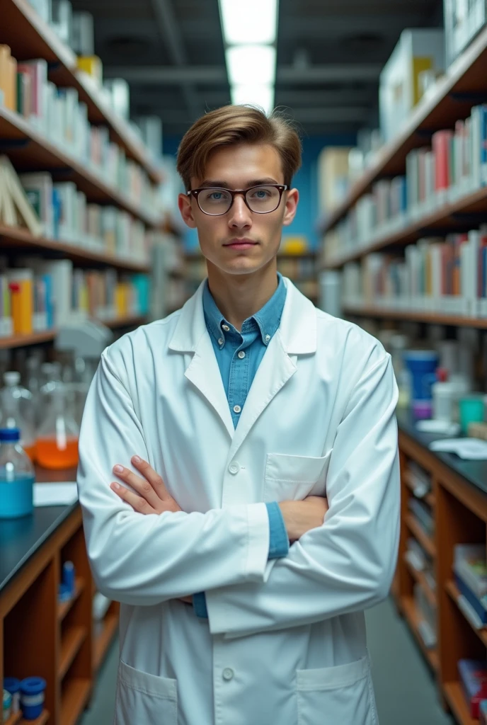 A young caucasian male with short brown hair, glasses, and a white lab coat standing in a classroom or laboratory setting with bookshelves and scientific equipment in the background