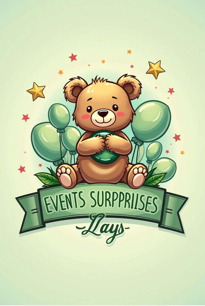 Logo for EVENTS AND SURPRISES DAYS. using green colors, black and white and a cute teddy bear