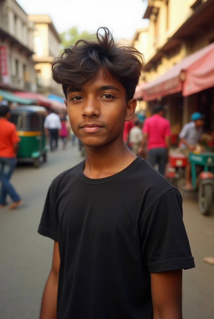 A cute 20 years old indian boy , photoshoot , model pose , rough dry face skin   , black tshirt ,   at indian city 