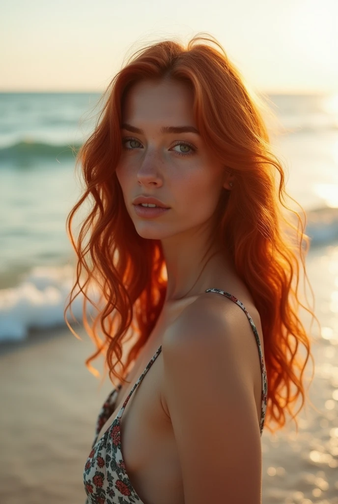 1 girl in, Age 22, Alone, by the wide,  looking at the viewer, wavy red hair, bare shoulders, joya, Whole body, (Extremely detailed 8K wallpaper), soft lighting, high quality, film grain, Fujifilm XT3 sharp focus, f 5.6, High detail, (natural light), (close up:1.2), (seductive), gorgeous, subtle smile, realist, very sexy