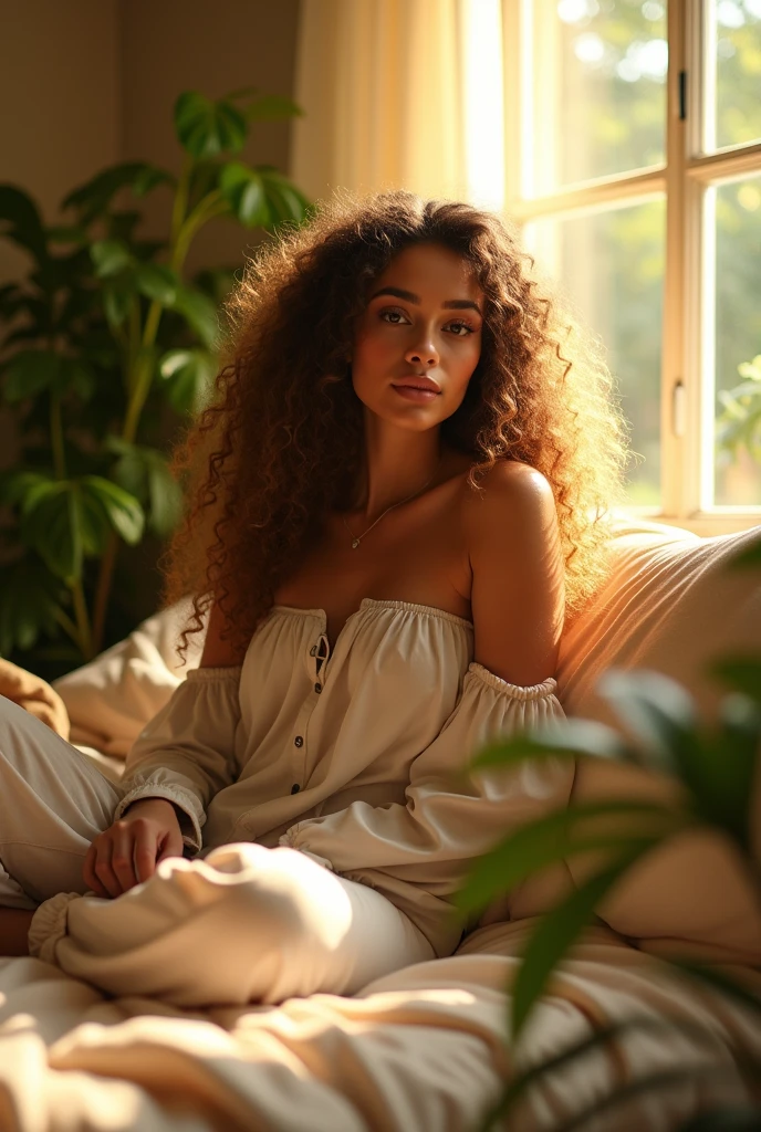 (photorealism:1.2), beautiful woman, sitting on bed, wearing loose off-shoulder top, pajama pants, long curly hair, indoors, soft lighting, plants in background, window with sunlight, cozy room, relaxed pose, realistic, intricate details, warm colors, by Greg Rutkowski, by Alphonse Mucha