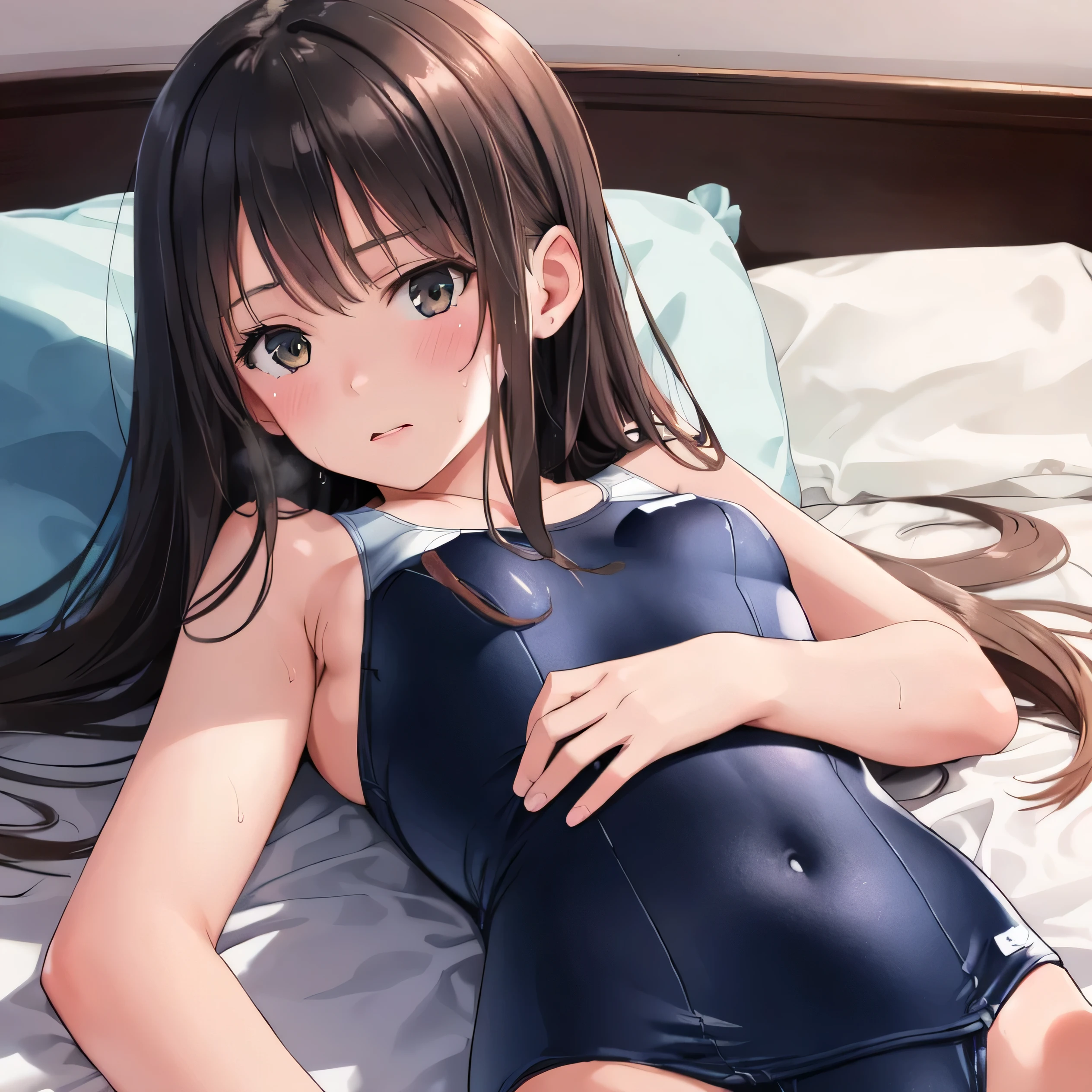 1 girl, long straight hair, cowboy shot, 4K, professional photos, HDR, detailed face, school swimsuit (full coverage swimsuit), Lying on the bed wearing sukumizu, lying down shamefully, There is sweat, breath, masterpiece, (light), beautiful background, realistic background, realistic photo