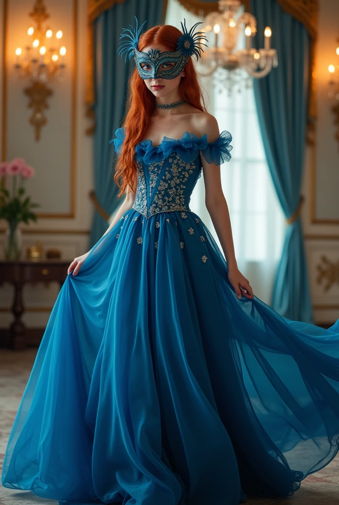 Red-haired girl in long blue dress and mask ,fully body 