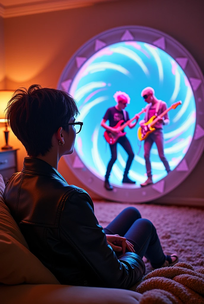 A woman sitting on a sofa with glasses looking towards a portal that opened in the living room,Inside the portal there are 2 punk teenagers and an alien in a musical battle