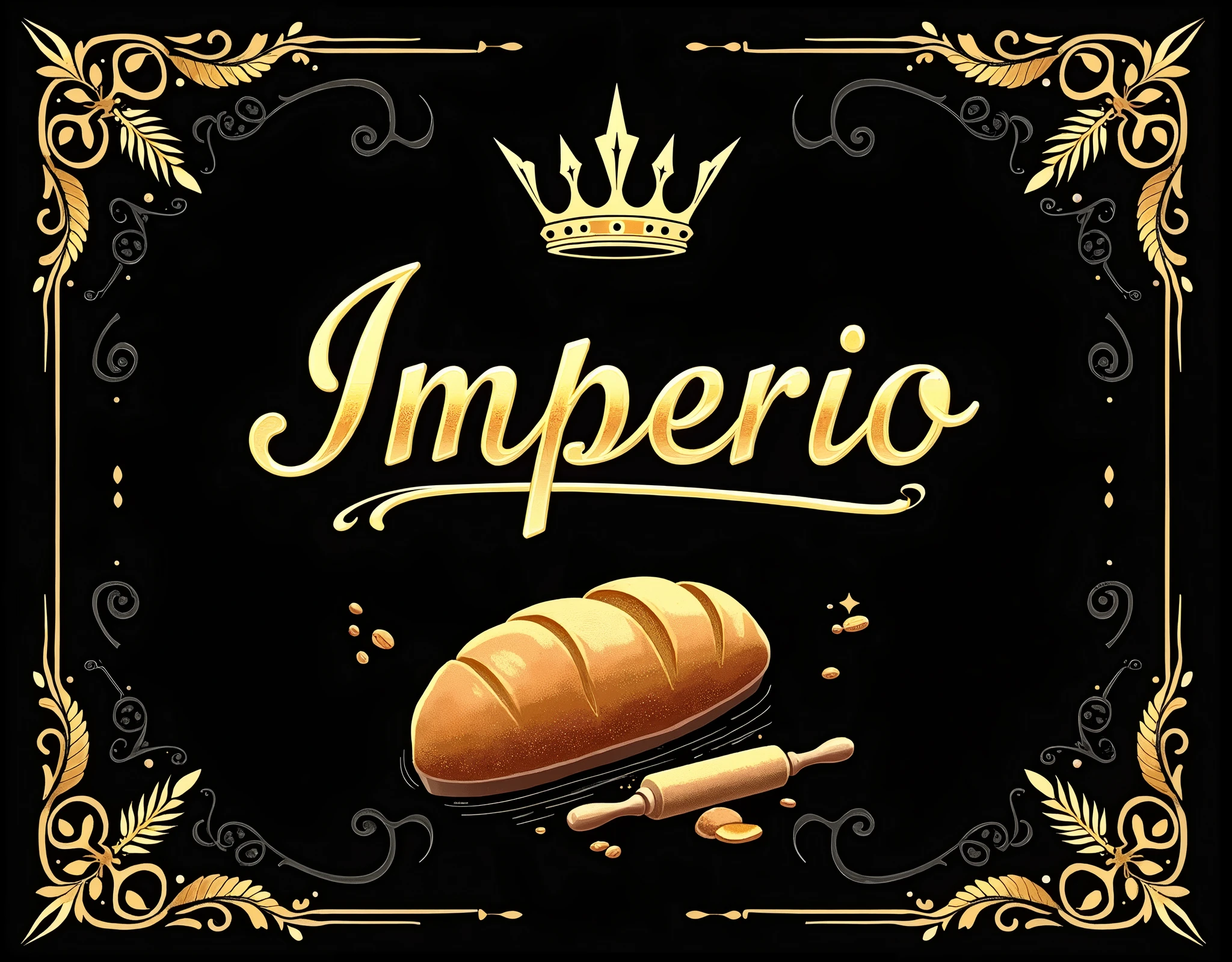 A fantasy-inspired bakery poster for "Imperio," using only black and gold. The design features a sleek, minimalist golden crown at the top center, symbolizing royalty and mystique. Below the crown, the name "Imperio" is written in elegant, slender serif font with delicate flourishes, all in deep, luxurious gold. Directly beneath the "Imperio" text, there's a stylized icon of a loaf of bread, also in gold, representing the bakery's core product. The edges of the poster are adorned with intricate black filigree patterns, adding a touch of elegance. Gold-embossed icons of bakery elements like wheat stalks and rolling pins are subtly integrated into the design. The background is a velvety black with gold accents, creating a magical, luxurious, and refined atmosphere.