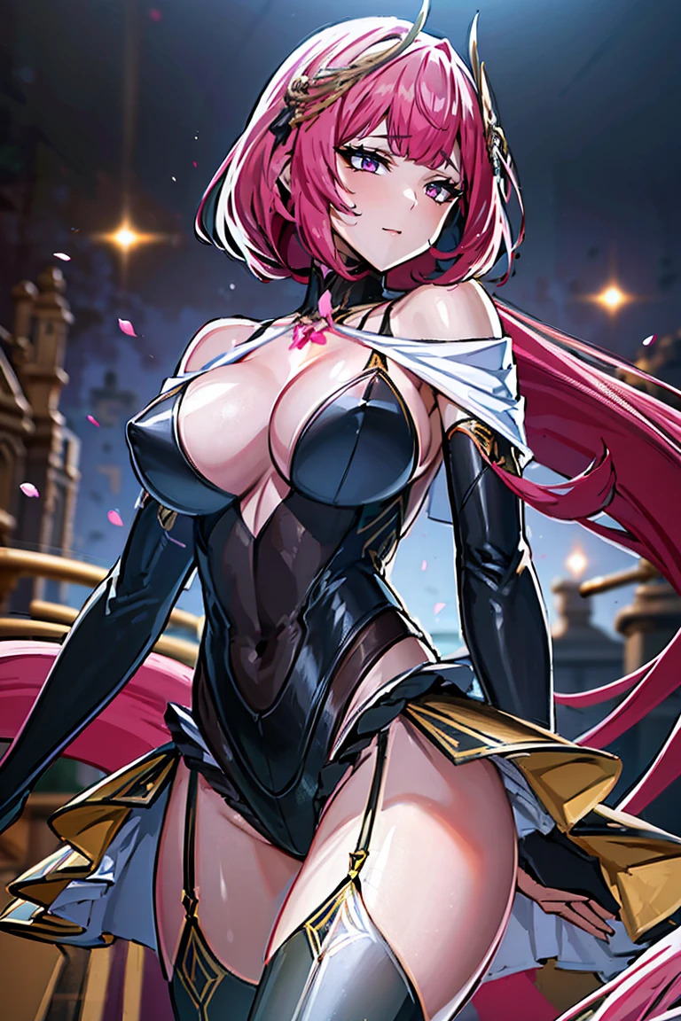 Smooth and Flawless Skin, Expressive and Captivating Eyes, Well-Defined Facial Features, Radiant and Healthy Glow, Perfectly Proportioned Face, Graceful and Symmetrical Features, Fine Details and Realistic Texture, cute face, absurdres, vivid color, beautiful portrait of cute anime girls, anime best girl, anime screencap, anime style, finely detailed, insanely detailed, exquisite, fantastic, amazing quality, top quality, professional quality, high quality, finely quality, official art, production art, super detailed skin, clear eyes, light eyes, light image, gleaming skin, oil skin, shiny skin, accurate face parts, cinematic, extremely detailed beautiful face and eyes, fair skin, 16k, 32k, 16k portrait, 32k portrait, masterpiece, Highest quality, ultra Detailed beautiful face and eyes, Detailed eyes, High resolution, beautiful, super fine illustration, extremely detailed unity cg 8k wallpaper, fearless face, perfect eyes, deep detailed eyes, perfect face, low ponytail, pink hair, hair ornament, pink eyes, leotard, zipper, white showgirl skirt, bare shoulder, thighighs, thigh high boots, bare thighs, cleavage, cleavage cutout, adult face, elbow gloves, jewelry, garter belt, garter straps, collarbone tattoo, chest tattoo,