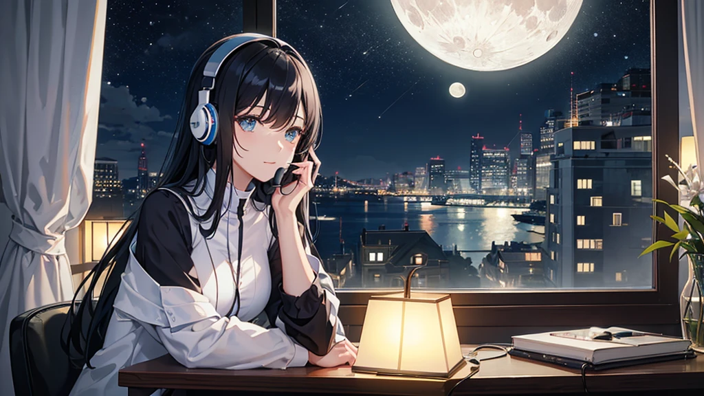 By the window,Woman,relaxing with a headset,Black hair,night,moon