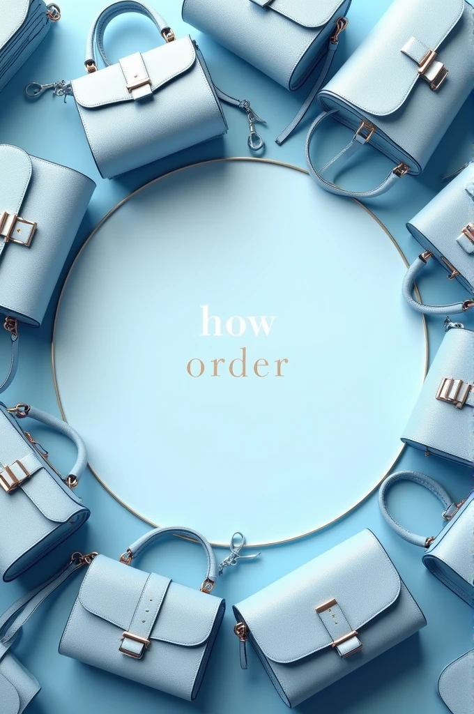 Creat a realistic image full of luxury bags around the cicle and write "how to order" in the center of the image in circle. Theme should be sky blue and white