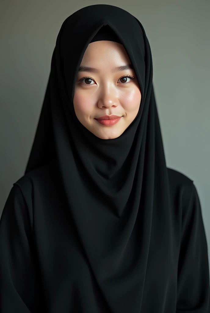 beautiful korean women, smooth white skin , well-groomed face. smile, Black knitted hijab, Black knit dress with balloon sleeves,pose looking at the camera. Blurred background,