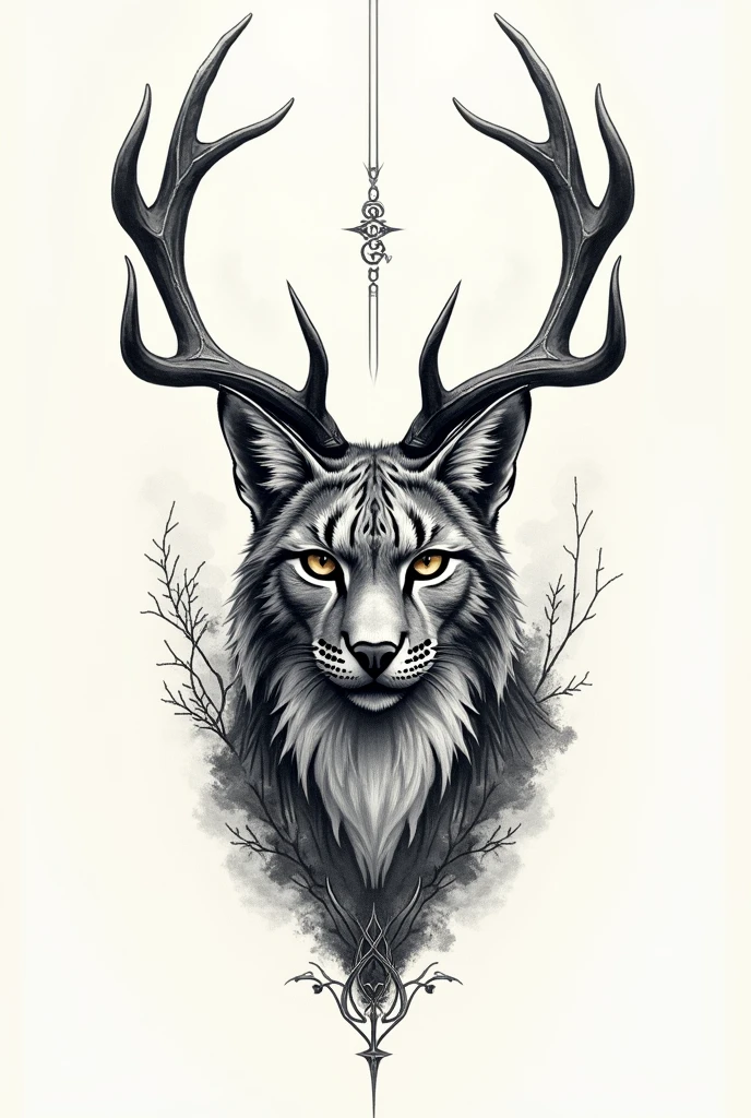 Could you create a sketch of a tattoo with just lines for the forearm of a lynx with deer antlers?, also with Nordic symbols