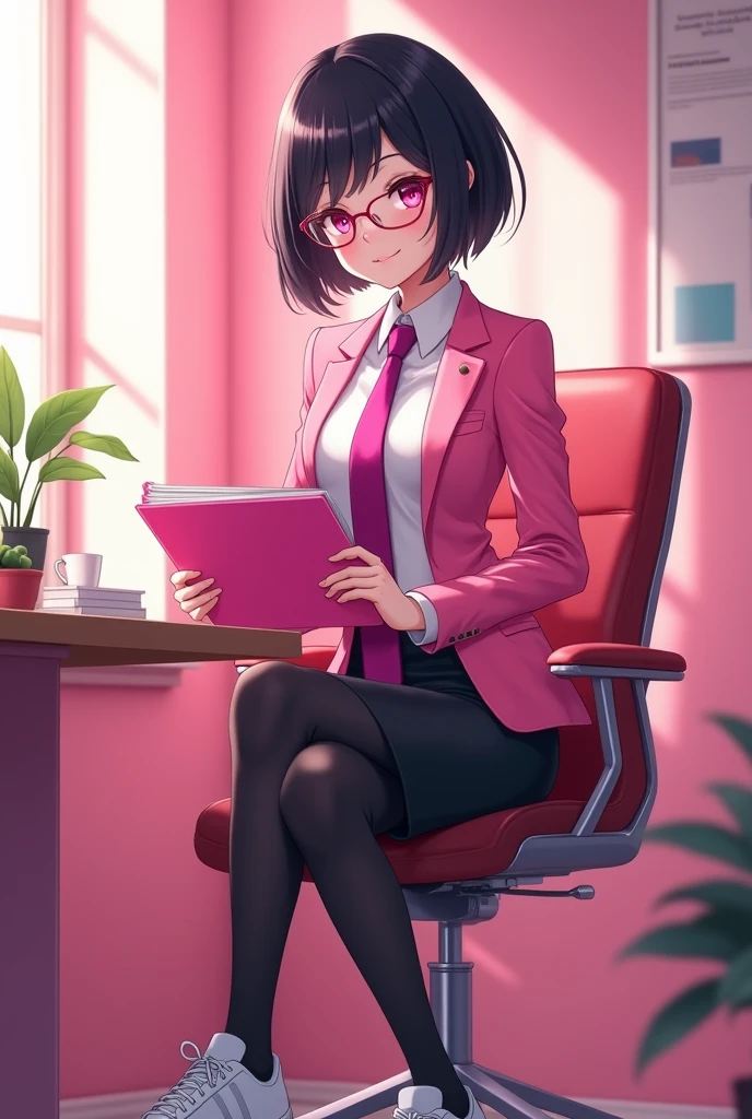 The young woman short black hair and pink eyes wear a pink suit, white shirt, magenta necktie, black pencil skirt, black underpants, black tights, black socks, adidas white sneakers.
She wear glasses and hold the pink file book, sit on the chair, smiled, office pink room, cartoon novel , anime, 4K, HD