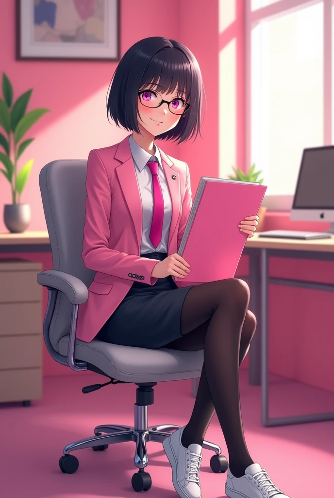 The young woman short black hair and pink eyes wear a pink suit, white shirt, magenta necktie, black pencil skirt, black underpants, black tights, black socks, adidas white sneakers.
She wear glasses and hold the pink file book, sit on the chair, smiled, office pink room, cartoon novel , anime, 4K, HD