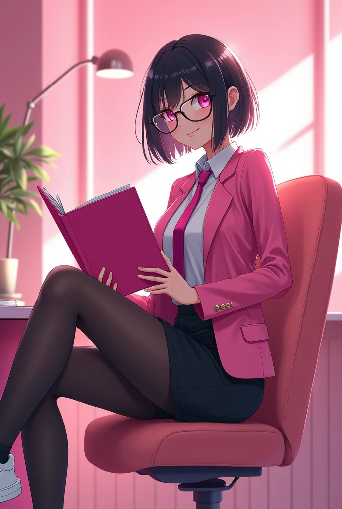 The young woman short black hair and pink eyes wear a pink suit, white shirt, magenta necktie, black pencil skirt, black underpants, black tights, black socks, adidas white sneakers.

She wear glasses and hold the pink file book, sit on the chair, smiled, office pink room, cartoon novel , anime, 4K, HD