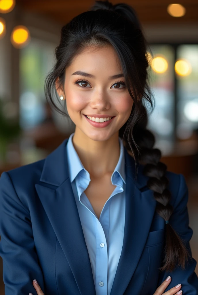 Create a highly realistic and detailed portrait of a young Italian woman with long, black hair braided into a ponytail. She has bright blue eyes and a natural, warm smile. Her face is youthful with some natural imperfections that add to her charm. She is not wearing makeup, showcasing her authentic beauty. The woman has a slim figure with a big chest and is dressed in an elegant, tailored blue suit. The background is a modern, upscale urban setting, such as a chic café or a stylish office lobby, with soft, natural lighting that emphasizes the realism and detail of her appearance, including the texture of her clothing and the subtle features of her youthful face
