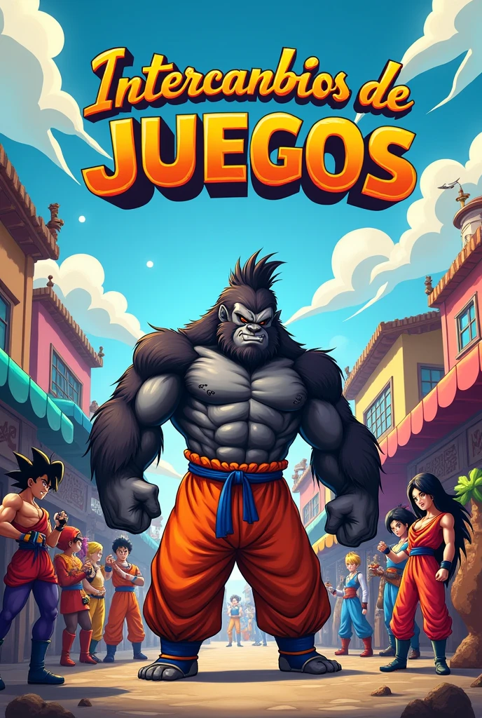 create an image for a group of account trades with goku and free fire and a gorilla in the center with the name of game trades in spanish


