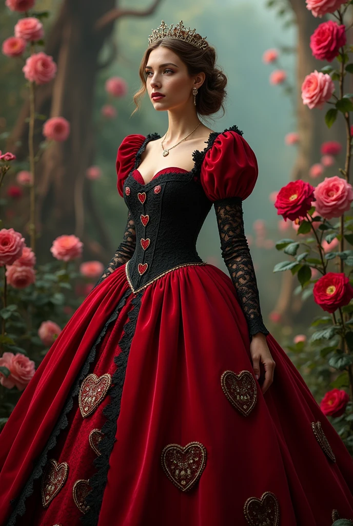 I want you to create a sketch of a dress inspired by the Queen of Hearts, with a style that mixes medieval and princess elements, suitable for a gala event. The dress will have details that refer to the theme of Alice in Wonderland, with colors characteristic of the Queen of Hearts, like red, black and details that are simple but striking