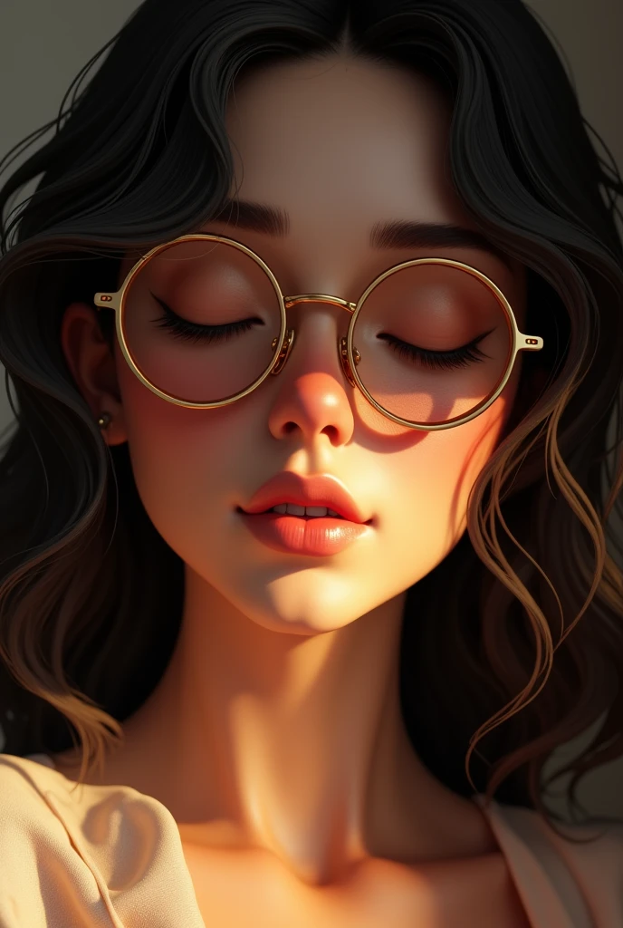 A emma myers,closed eyes,perfect eyes,black hair,close up, want to 💋 kiss expression,,put gold oakley glasses, 3d render