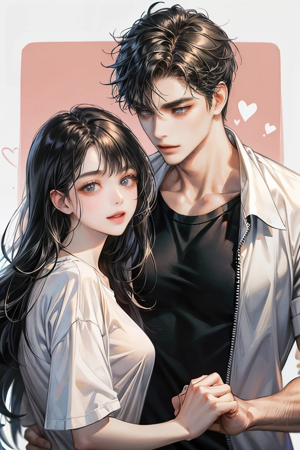 man and woman,Couple taking photos,handsome,A man wearing a white shirt.,A woman wearing one-piece clothing,man and womanยิ้ม,heart,parts, t-shirt, 
black hair, simple background, ผมยาว, หน้าม้า, 