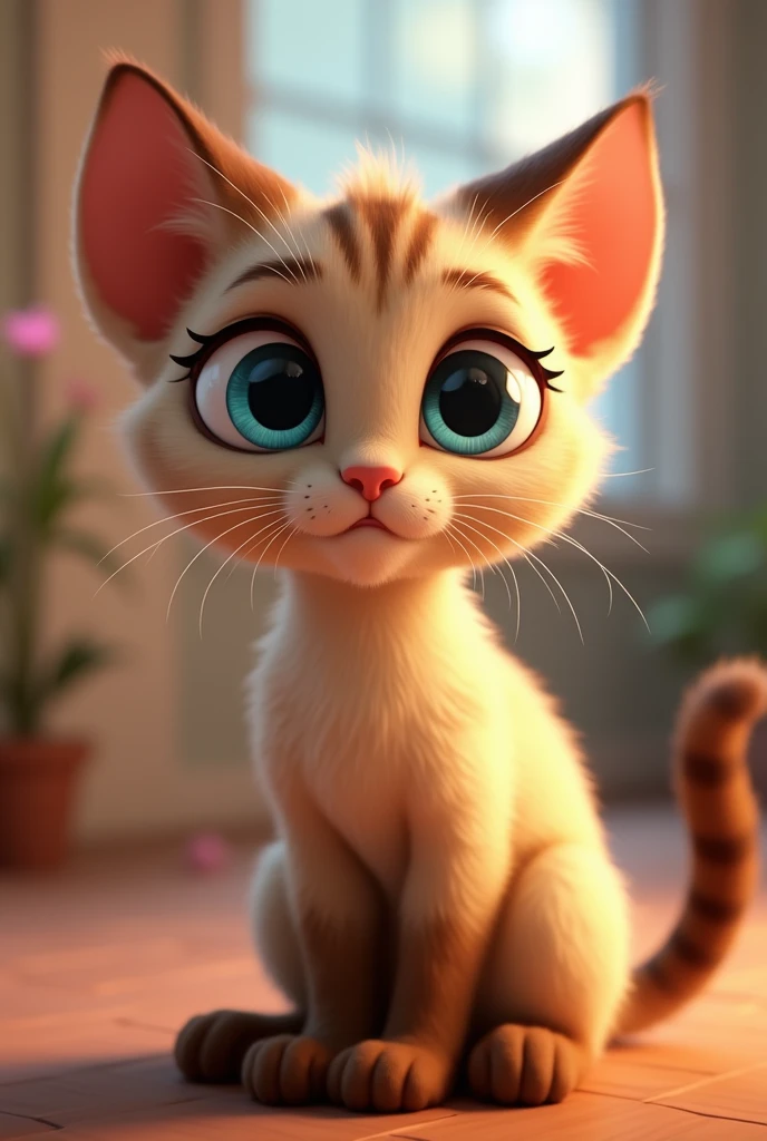 Cat character, female, blue colored eyes, adult, beige fur, with brown spots, dark brown legs,  dark ears, animation character, stylized character, animation style rendering, 3d stylized, Arnold Maya rendering, Stylized 3D rendering, toon render screenshot, 3d character, 3d character, Stylized 3D rendering, 3D character rendering, cartoon character, Personagem de close up, character posing,  (Pixar-style) (master part:1.2) (bokeh) (best qualityer) (skin detailed) (detailed texture) (8k) (Argilla) (cinematic lighting) (sharp focus