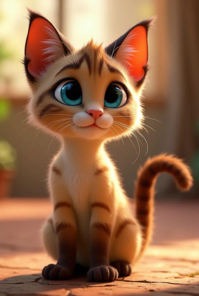 Cat character, female, blue colored eyes, adult, beige fur, with brown spots, dark brown legs, dark ears, animation character, stylized character, animation style rendering, 3d stylized, Arnold Maya rendering, Stylized 3D rendering, toon render screenshot, 3d character, 3d character, Stylized 3D rendering, 3D character rendering, cartoon character, Personagem de close up, character posing, (Pixar-style) (master part:1.2) (bokeh) (best qualityer) (skin detailed) (detailed texture) (8k) (Argilla) (cinematic lighting) (sharp focus