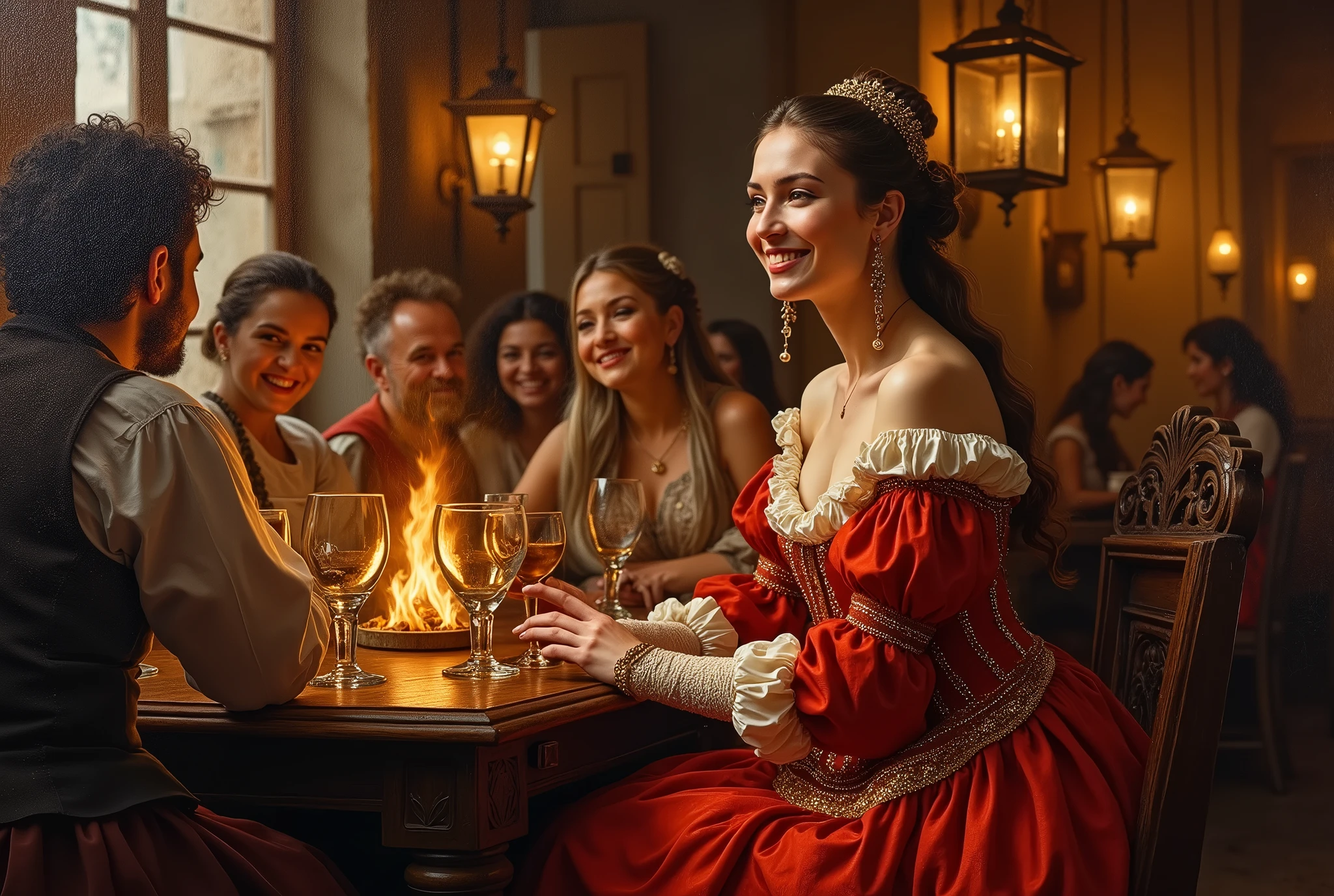 A captivating oil painting of a woman in Renaissance attire, elegantly seated at a wooden table in a lively, bustling tavern. Her vibrant red dress and golden accessories are illuminated by the soft glow of lanterns, while the fire's warm embrace casts dancing shadows across the room. The woman's charm and charisma radiate through her engaging conversation with fellow patrons, as the scene captures the essence of life and camaraderie during the Renaissance era.