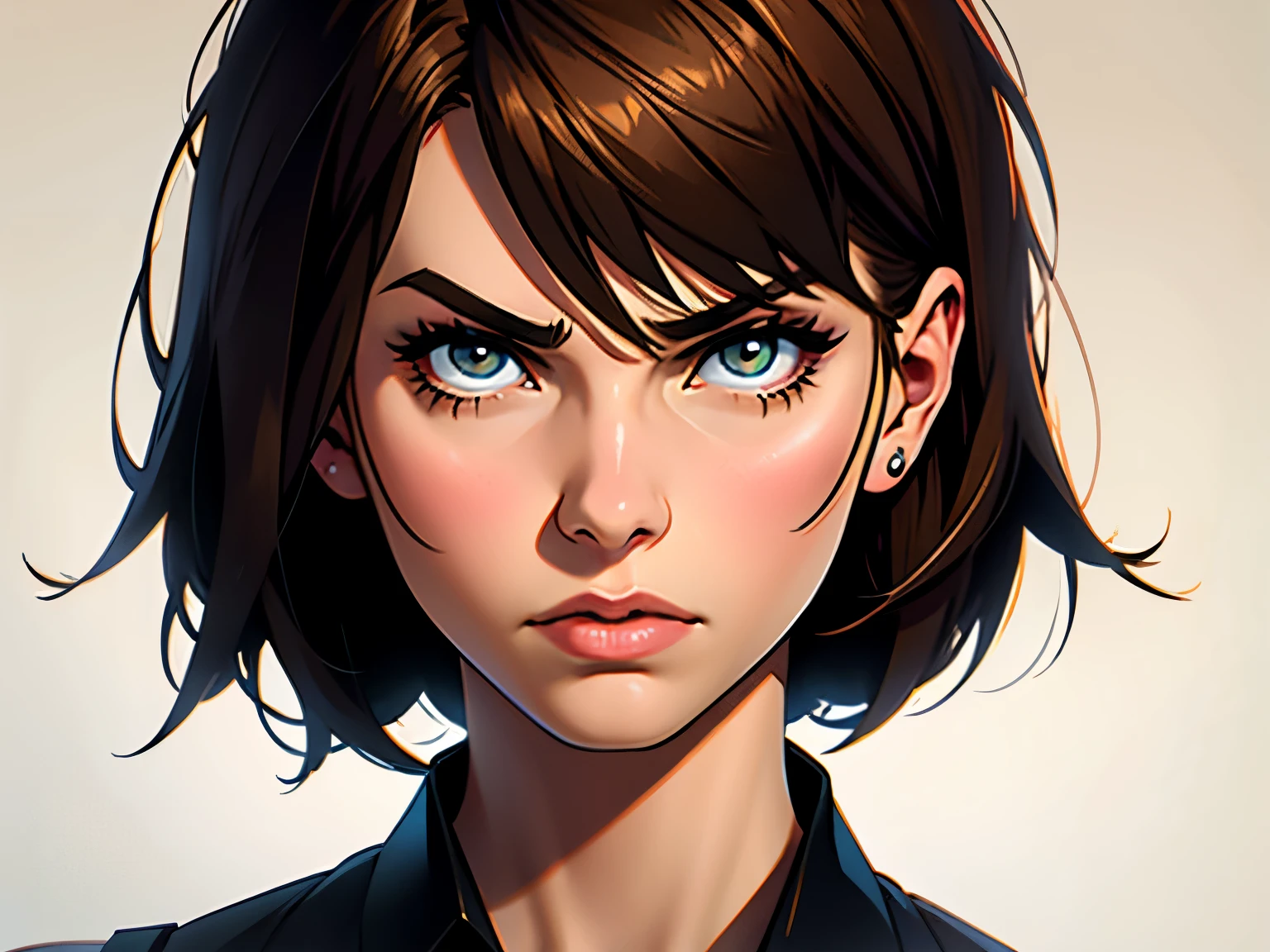 angry woman, with short brown bob style hair, 40 years old, looking straight ahead, face and bust view, neutral background,