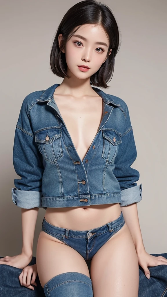 Hairstyle as it is,Face as is,Highest quality, masterpiece, Small underwear,Sitting in an M-shape, her underwear peeks out from under her denim miniskirt, Include the lower body in the frame as well.,Blushing, 