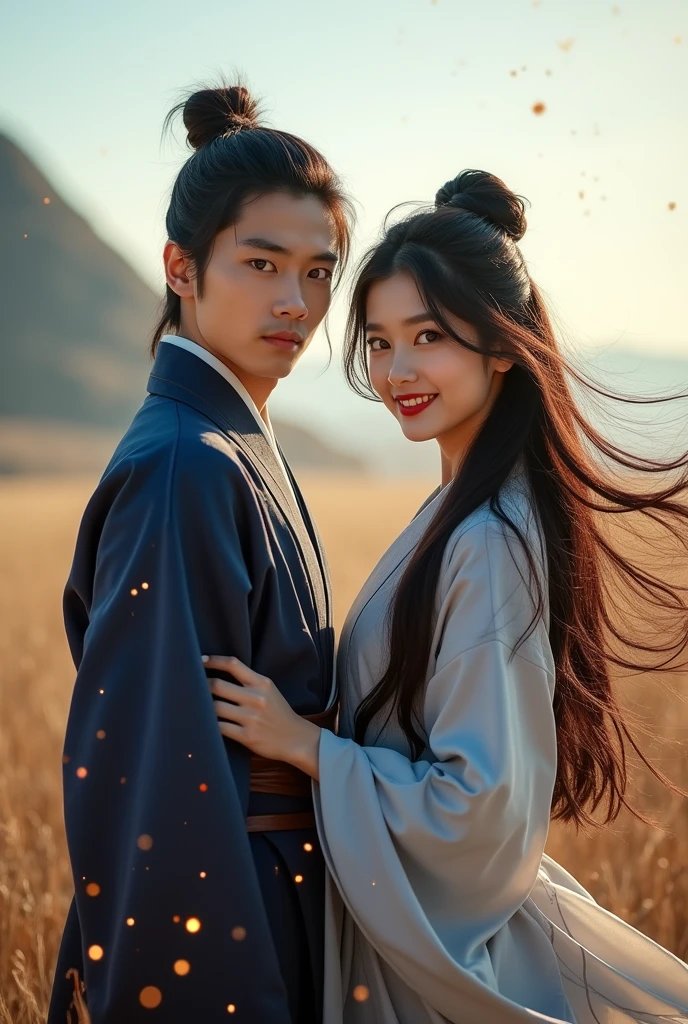 professional photo, portrait of a handsome 19 year old Korean man with hair in a bun, wearing a sninobi costume complete with red eyes on the right side and blue on the left side standing with a sharp gaze, behind his back is a katana sword, standing with a beautiful haired woman Long flowing, charming face with luscious red lips, beautiful eyes with the same color, wearing the same costume, hakama, kyahan and tabi. Complete with an iron-armor shield without any part of the head, loose hair flying in the gentle breeze, the beautiful woman smiled. sincerely with one hand holding the man's shoulder, the background is a barren field with a high hill behind them, the picture is very realistic, with the effects of sparks and wind and flying dust, the picture has a slight 3-dimensional touch, very interesting, picture the extraordinary, the cinematic, the photographic